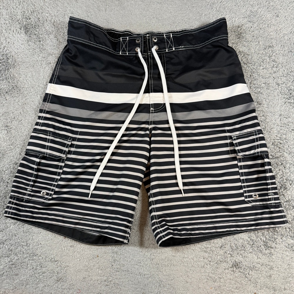 Merona Mens Striped Board Shorts Size L Black Grey White Cargo Swim Trunks